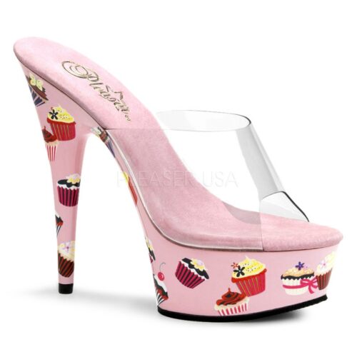 Roze Pleaser slippers met cupcake print, plateau en naaldhakken