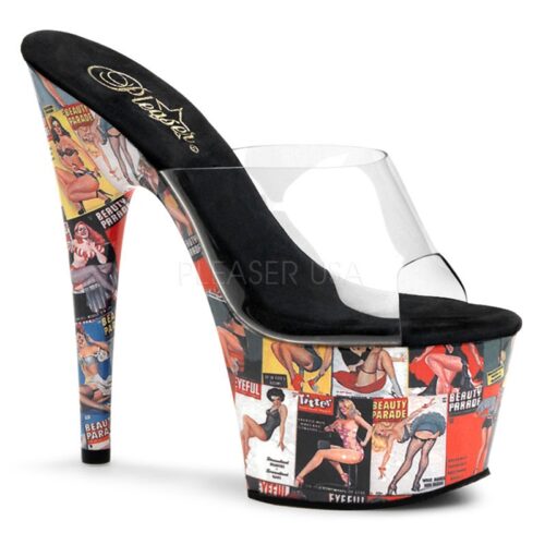 Zwarte slippers met pin up comic print, hoge plateau en naaldhak