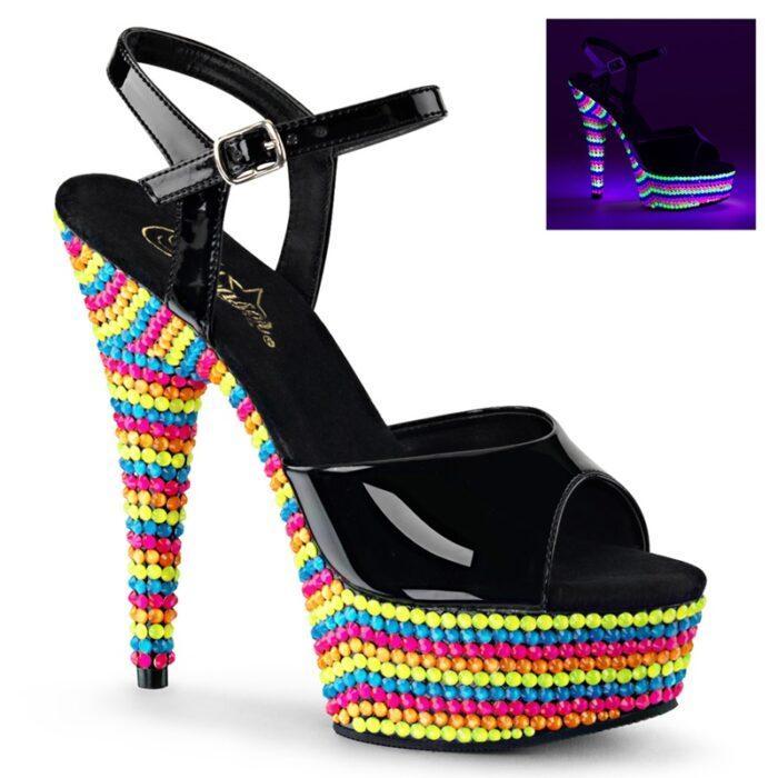 DELIGHT-609 RBS | Zwarte plateauhakken met regenboogsteentjes