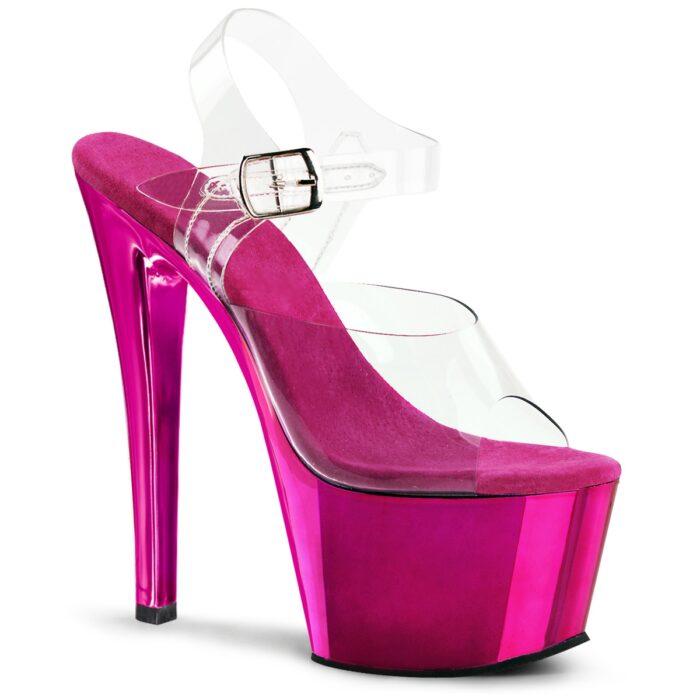 SKY-308 C-HPCH Doorzichtige plateau hakken met fuchsia roze zool en hak
