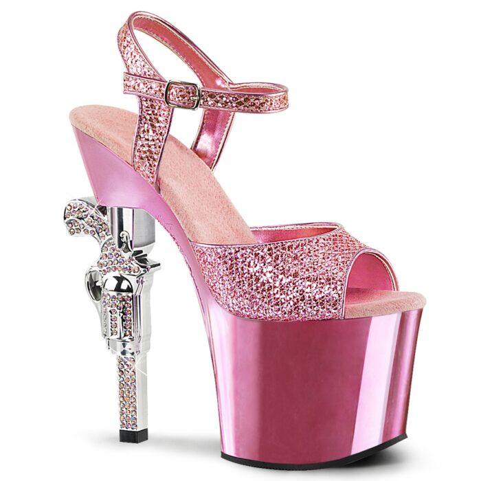 Roze glitter sandalen met pistool hak met strass-steentjes