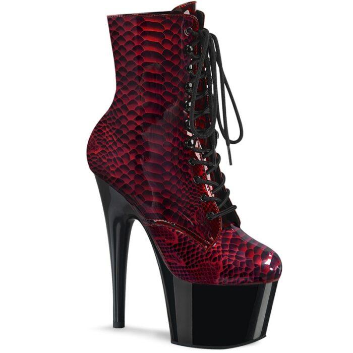 ADORE-1020 SP Pleaser snakeprint laarsjes in rood/zwart combinatie