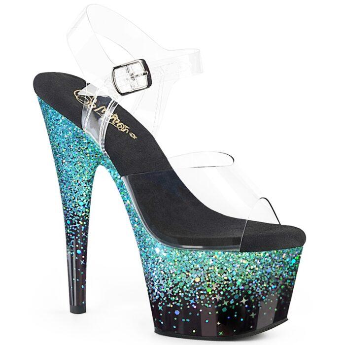 ADORE-708 SS Transparante Pleaser hakken met turquoise glitters