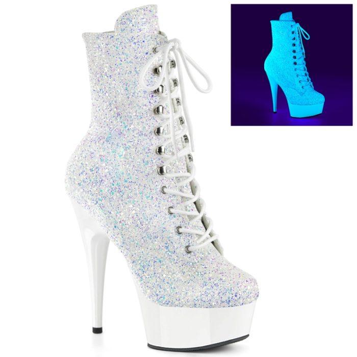 DELIGHT-1020LG | Witte blacklight glitterlaarzen met hoge hak